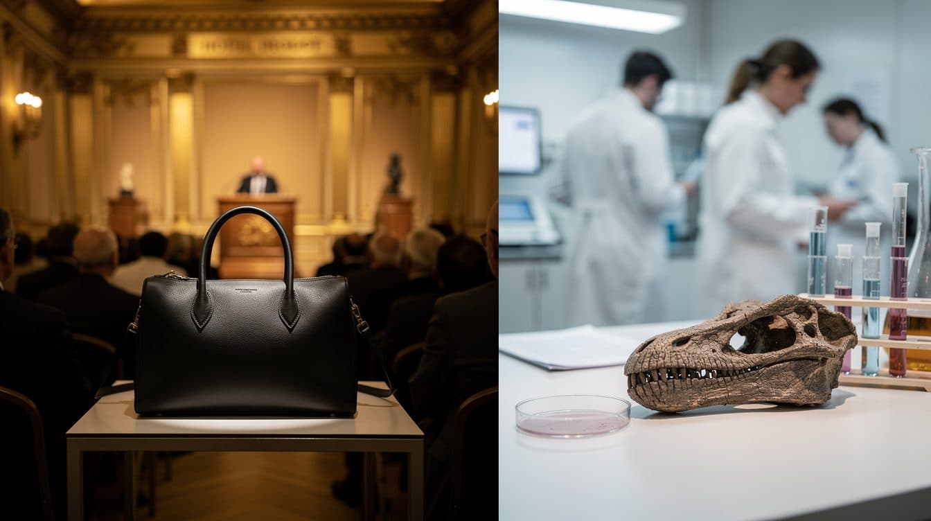 In Paris, a handbag made from lab-reconstructed T-Rex skin is auctioned off