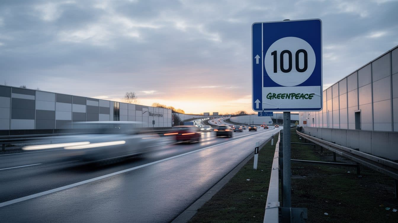 Greenpeace activists cover speed limit signs on autobahns with 100 km/h stickers
