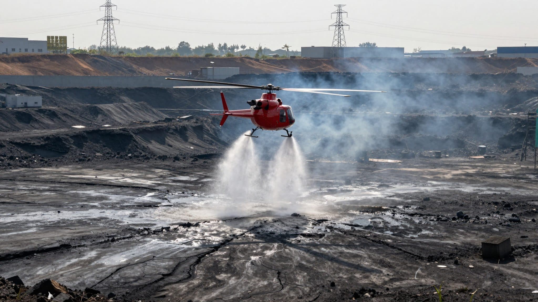 Firefighting Helicopter Battles Smoldering Fire on Former Open-Cast Mining Site Near Meuselwitz