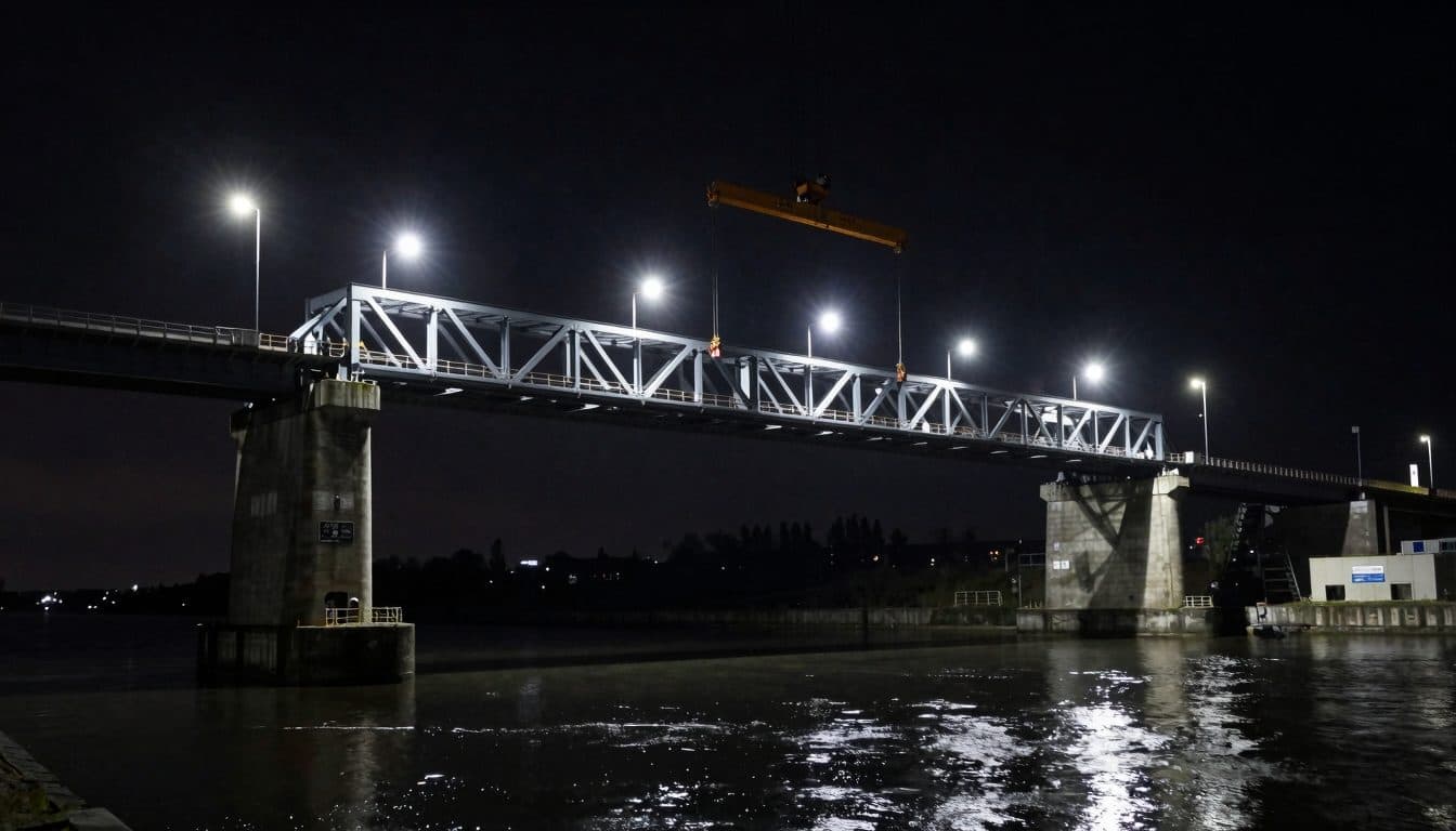 Middle section of the new Rader Hochbrücke is lifted into place over the Kiel Canal