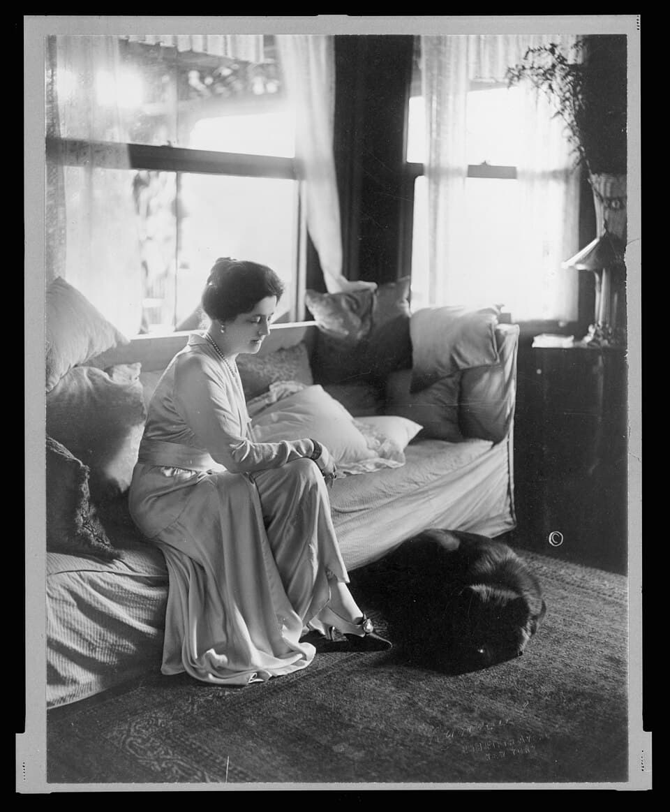 Lady Lucy Duff-Gordon, full-length portrait, seated, facing right, with a dog at her feet) - Marceau LCCN2005691116