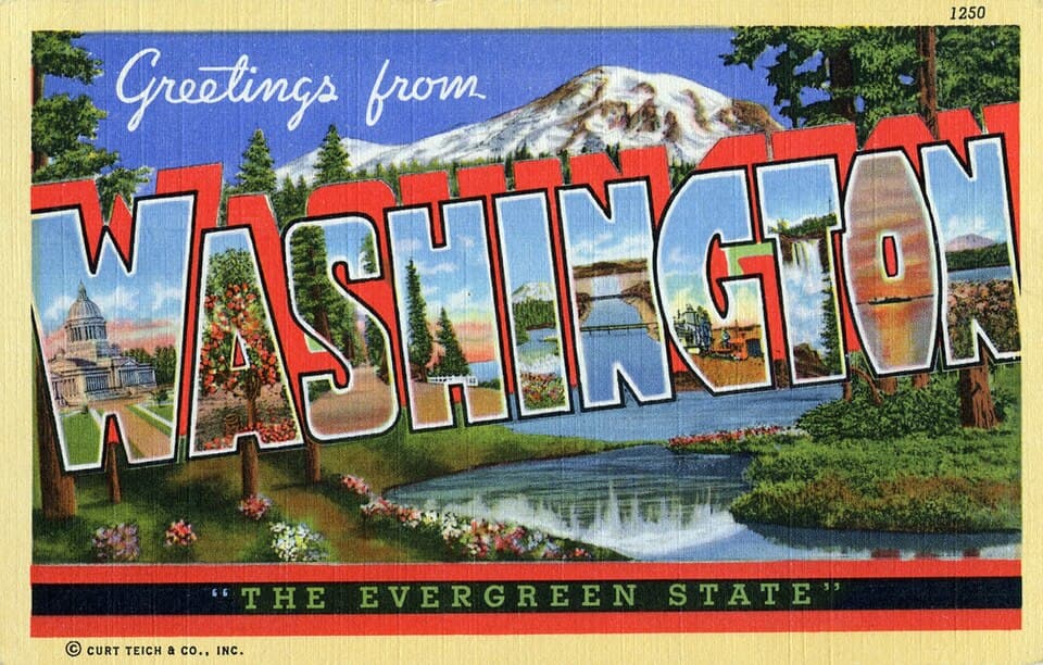 Greetings from Washington, "The Evergreen State" - Large Letter Postcard (5171598140)
