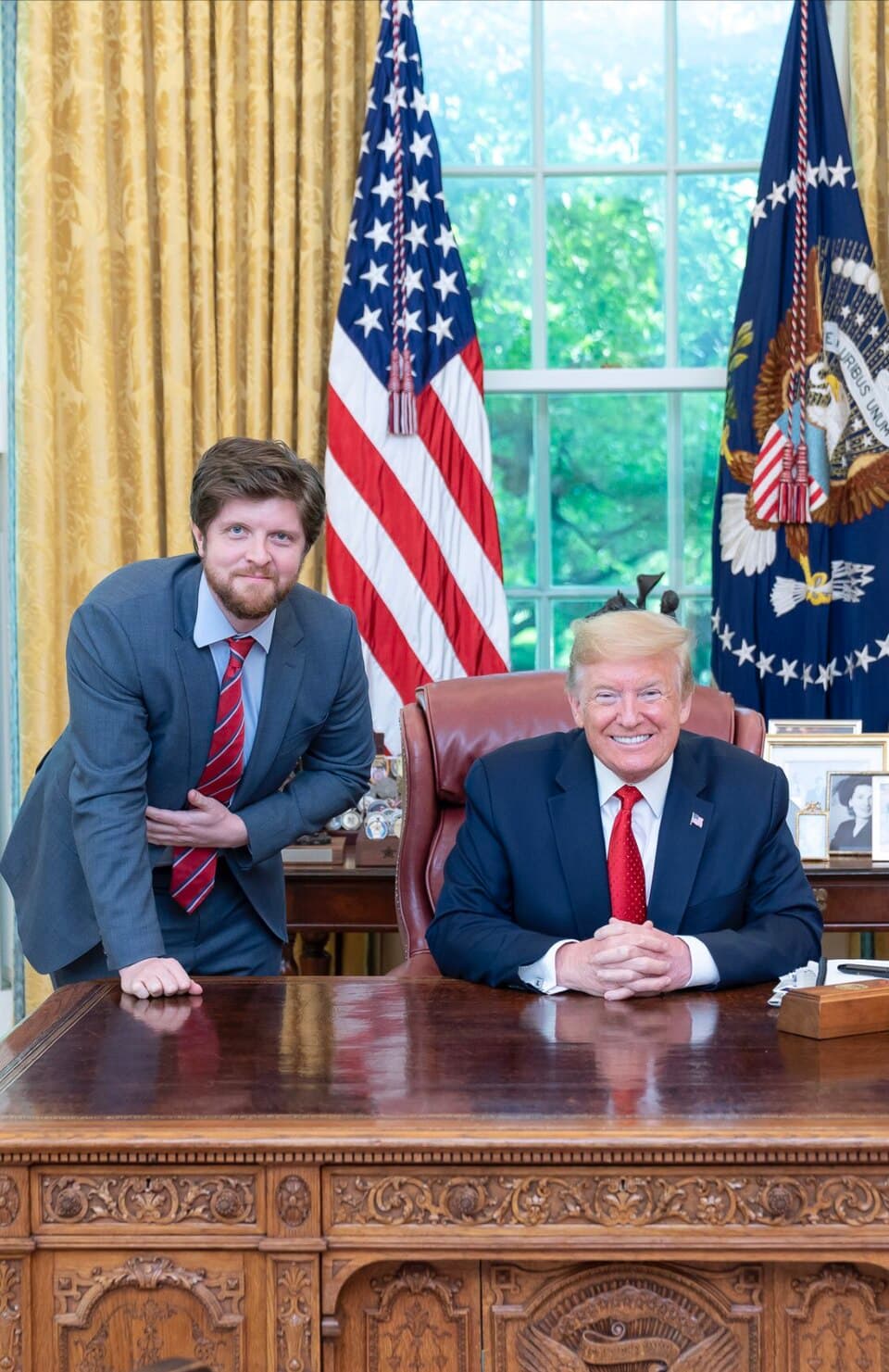 Buck Sexton with President Donald J. Trump in the Oval Office of the White House by Shealah Craighead Washington DC May 2020
